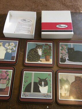 Vintage Pimpernel 6 Square Pimpernel England Coasters Cats w/ Flowers Cork Backs
